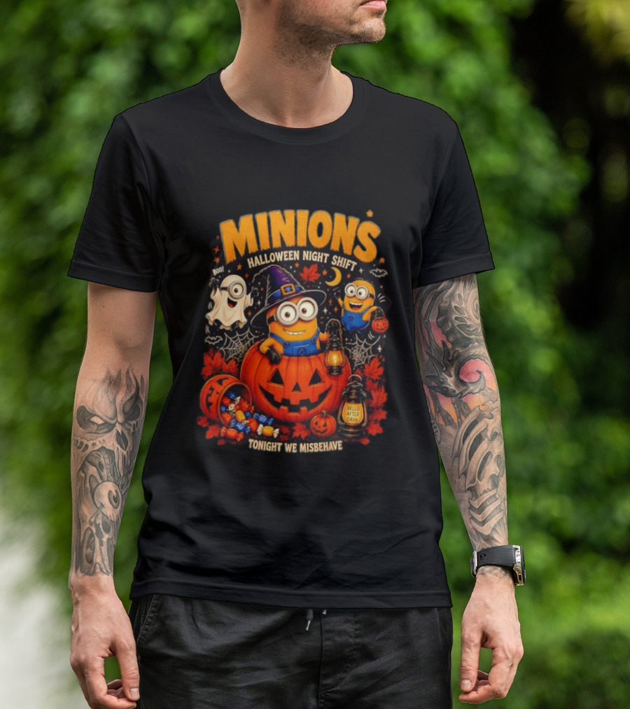 Minions Halloween Night Shift Bello After Dark Tonight We Misbehave Ghosts Pumpkins T-Shirt