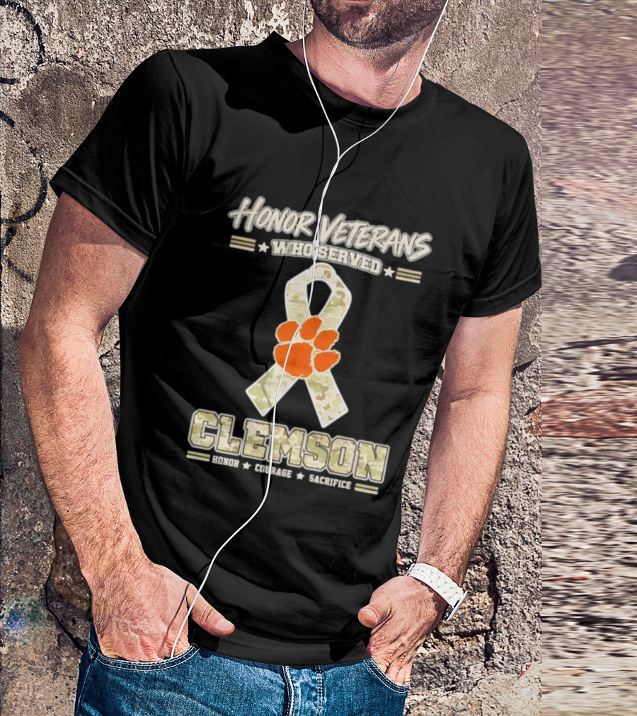 Honor Veterans Who Served Clemson Tigers Honor Courage Sacrifice Camouflage Ribbon T-Shirt
