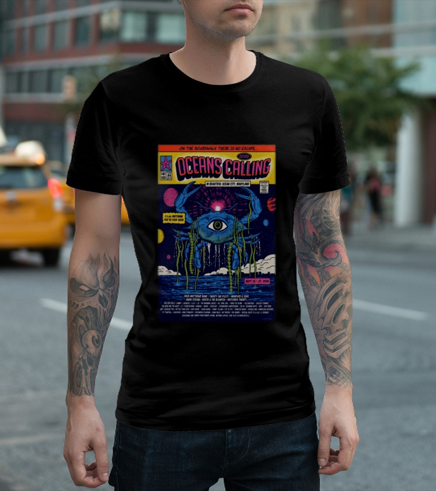 Oceans Calling Festival 2026 Ocean City Maryland Lineup Dave Matthews Band The Lumineers Alanis Morissette 9 25 27 Crab Eye Comic T-Shirt