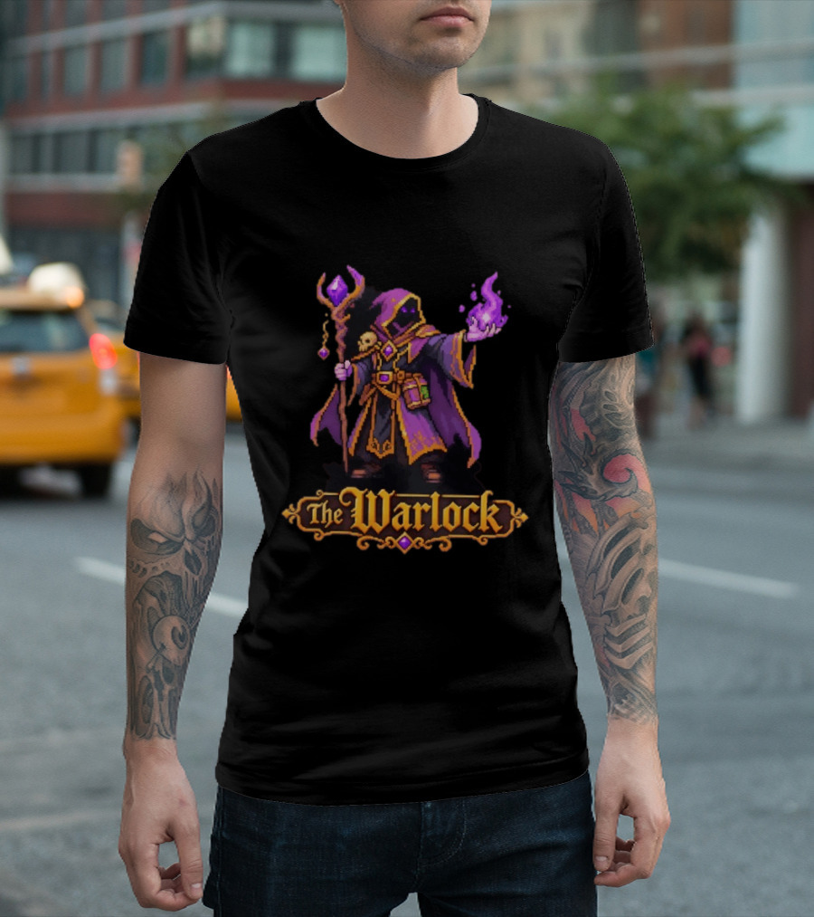 The Warlock 16 Bit Game Cartoon Purple Magic Robe Wizard T-Shirt
