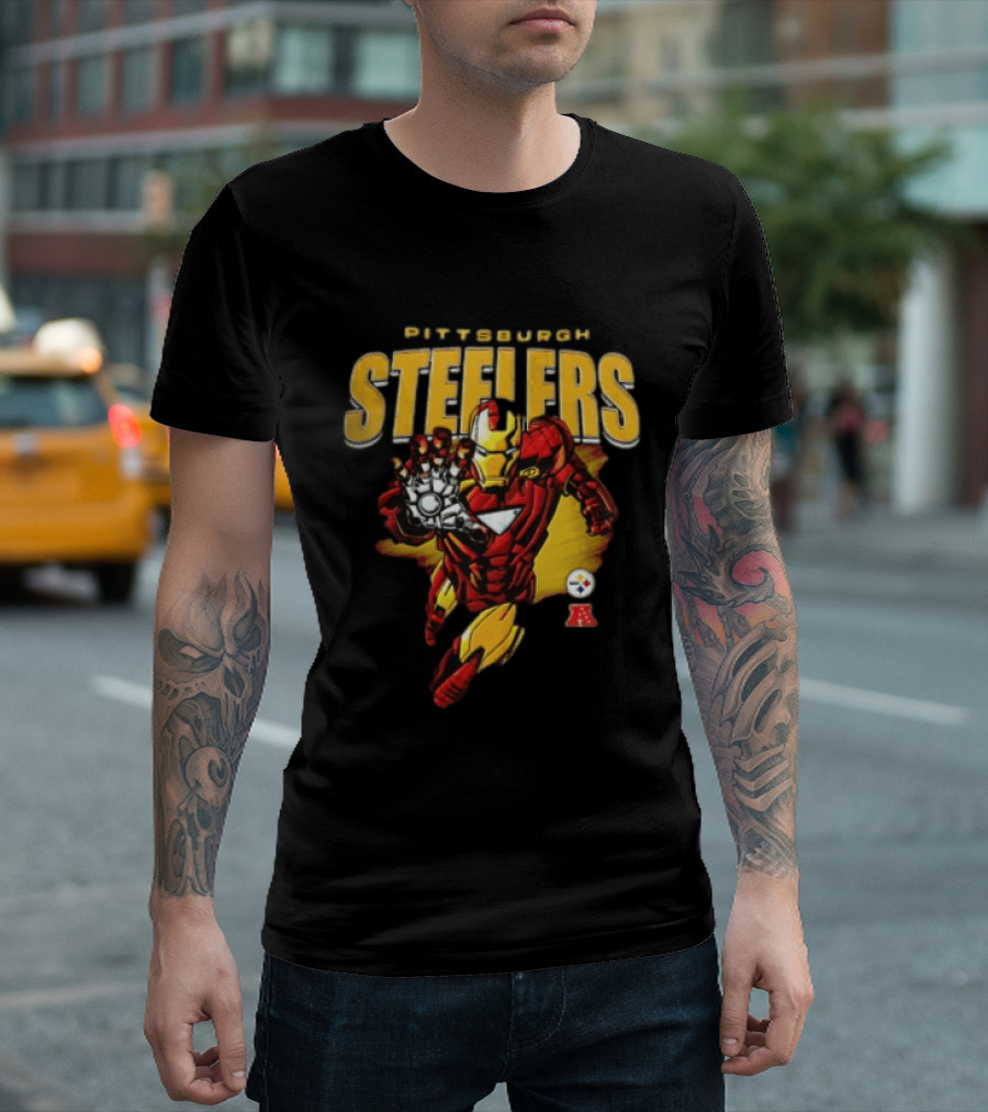 Pittsburgh Steelers Iron Man Flying Forward Graphic Suit Officially Licensed NFL Marvel Collaboration T-Shirt