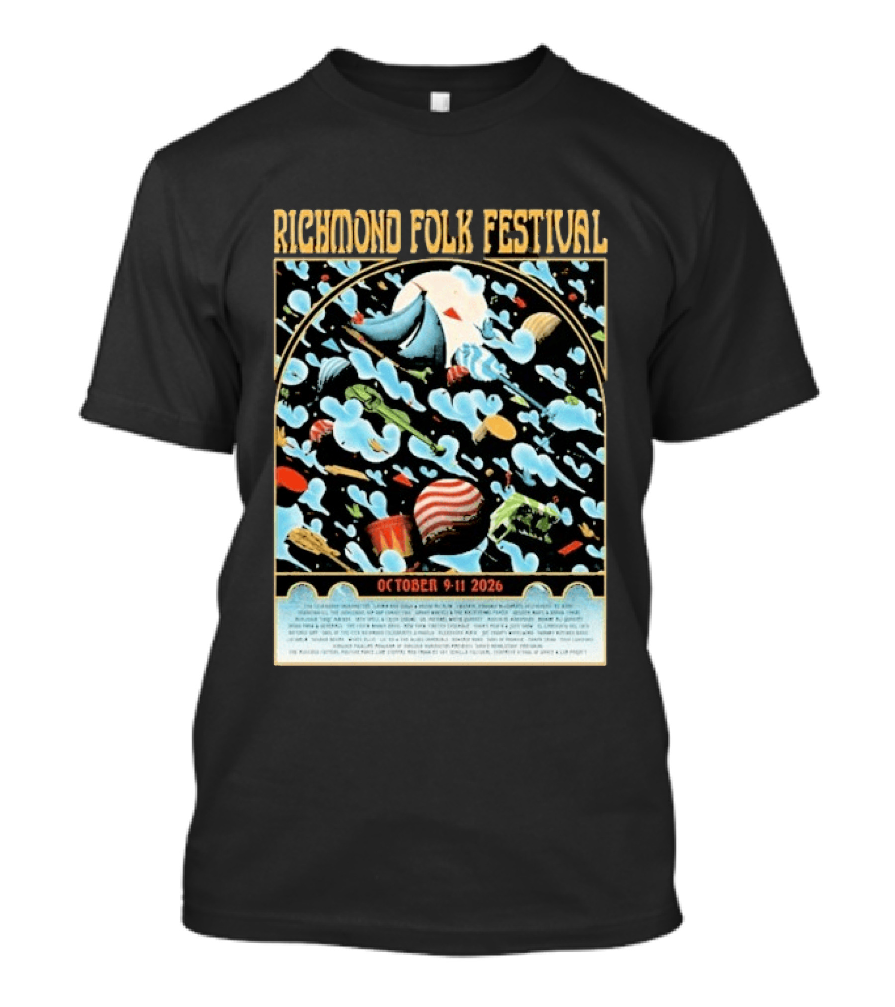 Richmond Folk Festival October 9 11 2026 By Christian Taylor Line Up Colorful Instruments And Clouds T-Shirt