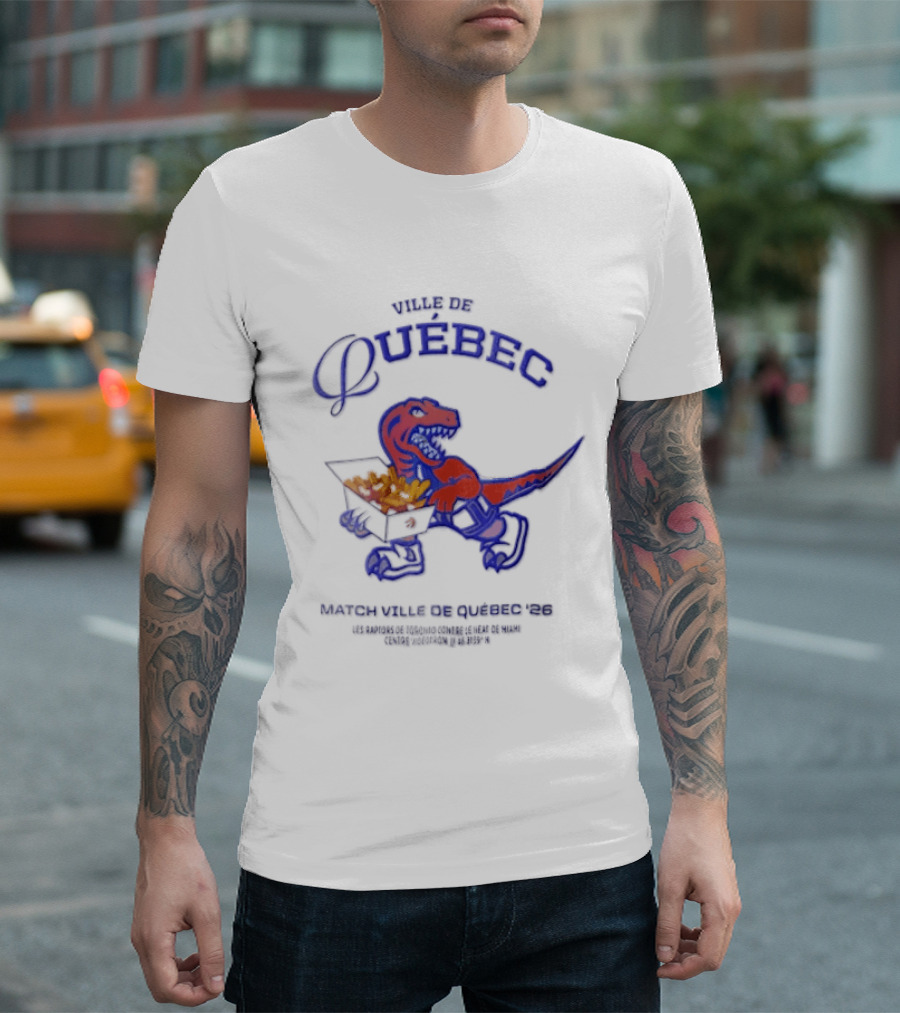 Bienvenue Au Québec Raptors Dinosaur Holding Poutine Box T-Shirt