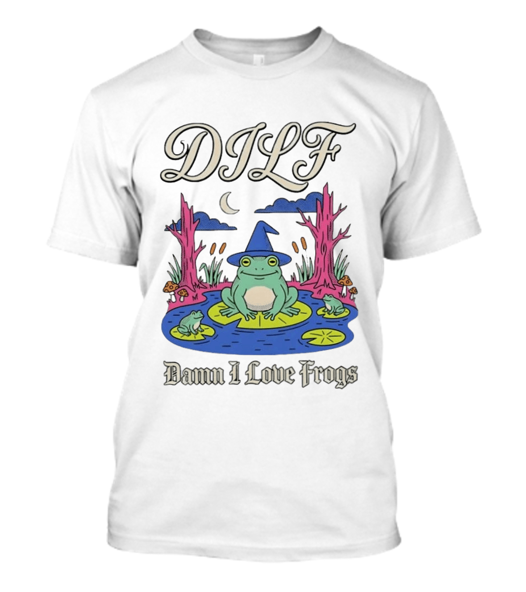 DILF Damn I Love Frogs Cartoon Frog In Pond With Wizard Hat T-Shirt