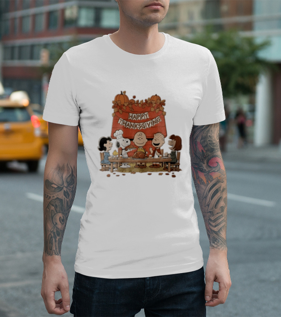 Peanuts Charlie Brown Snoopy Woodstock Lucy Linus Happy Thanksgiving Holiday Celebration T-Shirt