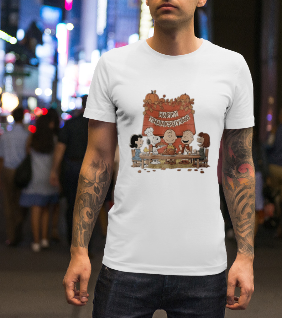 Peanuts Charlie Brown Snoopy Woodstock Lucy Linus Happy Thanksgiving Holiday Celebration T-Shirt