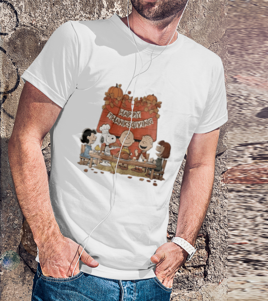 Peanuts Charlie Brown Snoopy Woodstock Lucy Linus Happy Thanksgiving Holiday Celebration T-Shirt