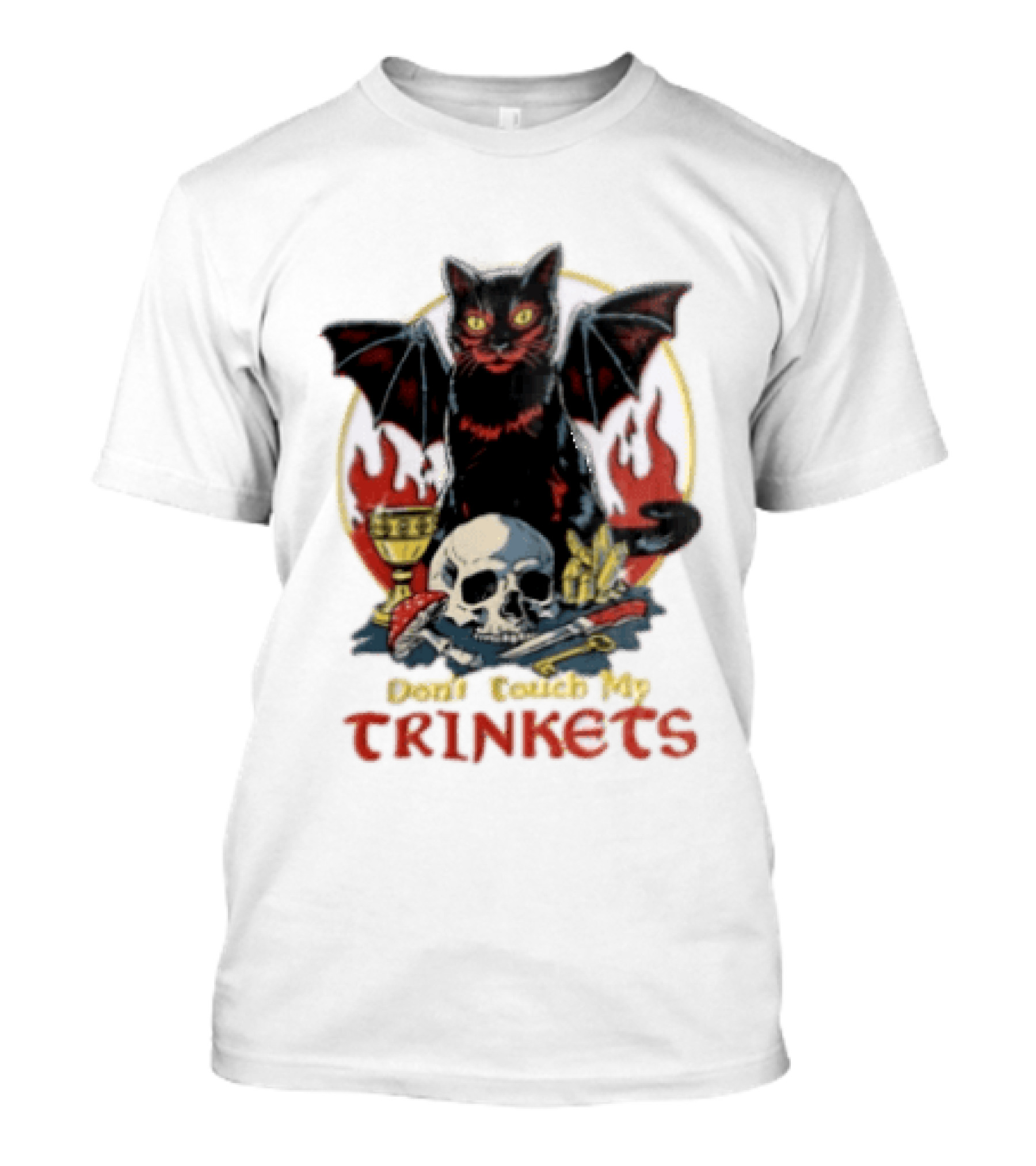 Steven Rhodes Cat Skull Chalice Flames Don't Touch My Trinkets T-Shirt