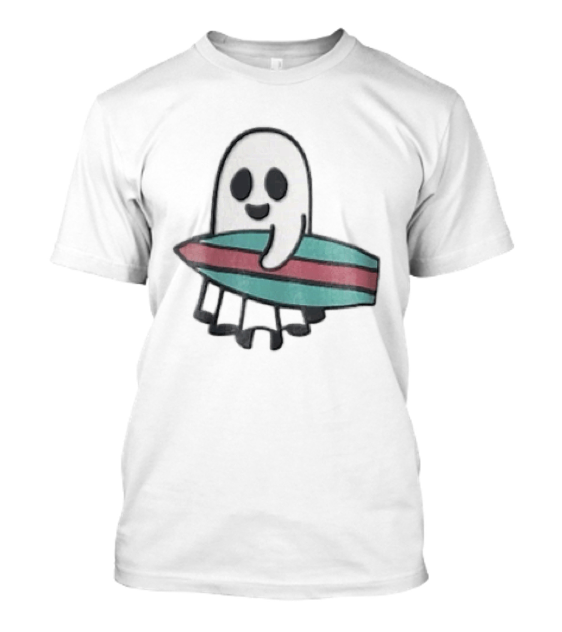 Ghost Holding Surfboard Cartoon Fun Cute Spooky Beach Vibes T-Shirt