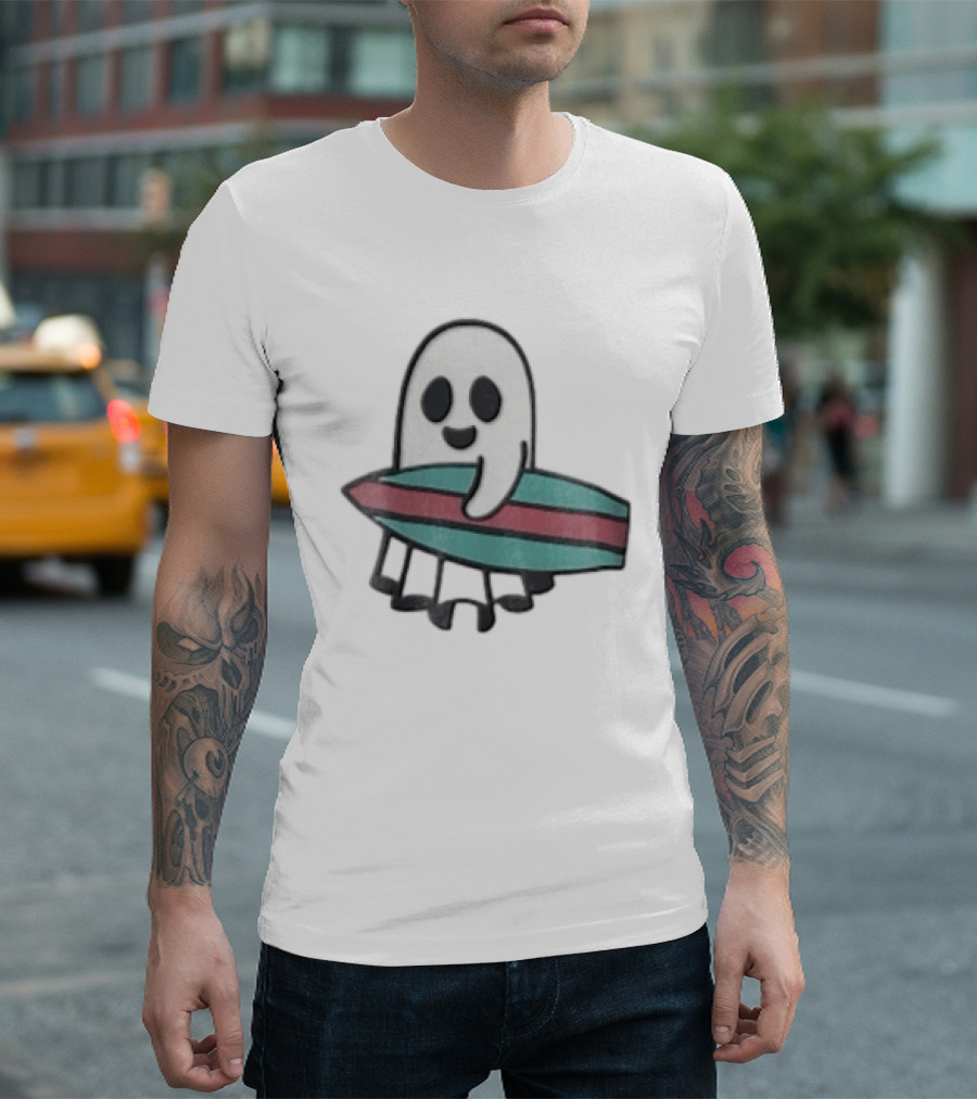Ghost Holding Surfboard Cartoon Fun Cute Spooky Beach Vibes T-Shirt
