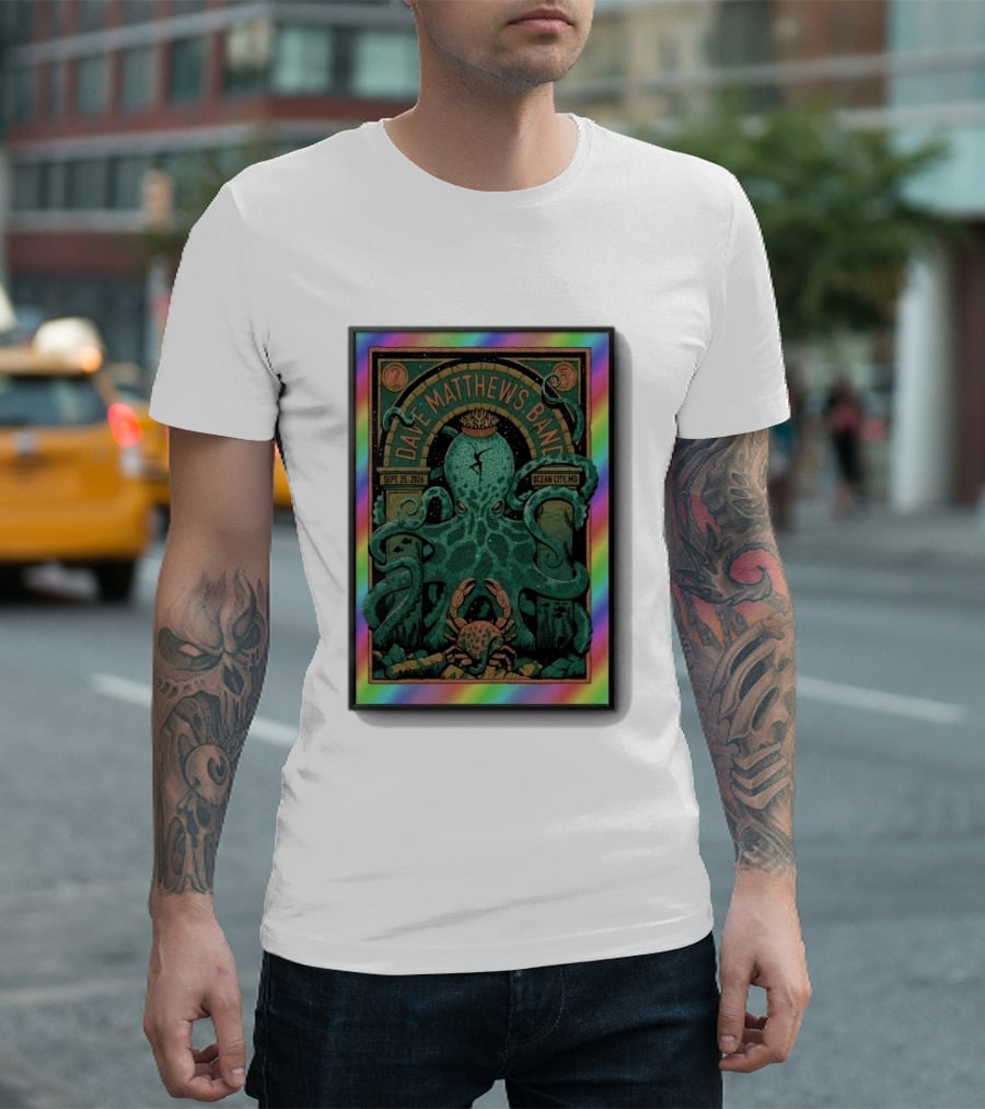 Dave Matthews Band Sept 25 2026 Ocean City MD Octopus And Crab Rainbow Border T-Shirt