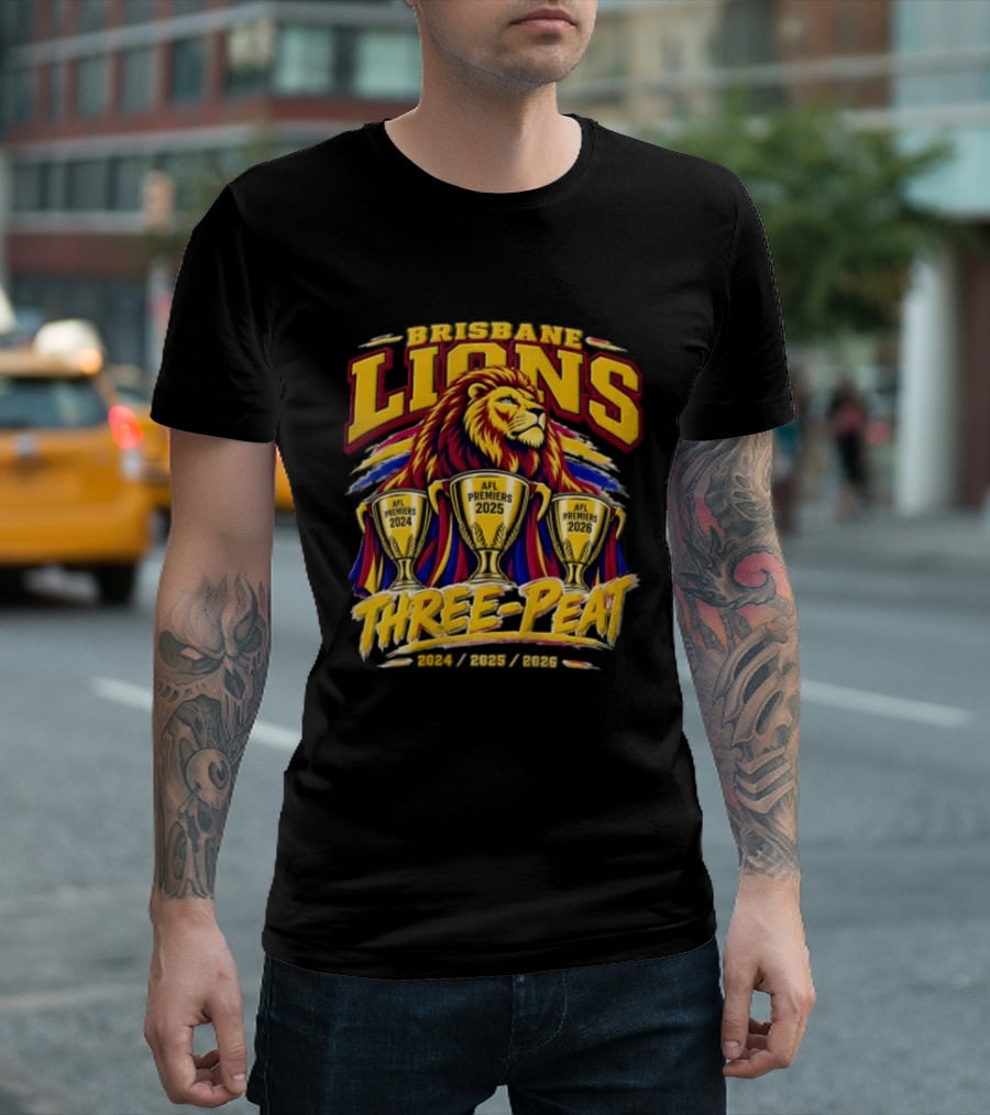 Brisbane Lions Three Peat 2024 2025 2026 Premiership Lion Trophy Celebration T-Shirt