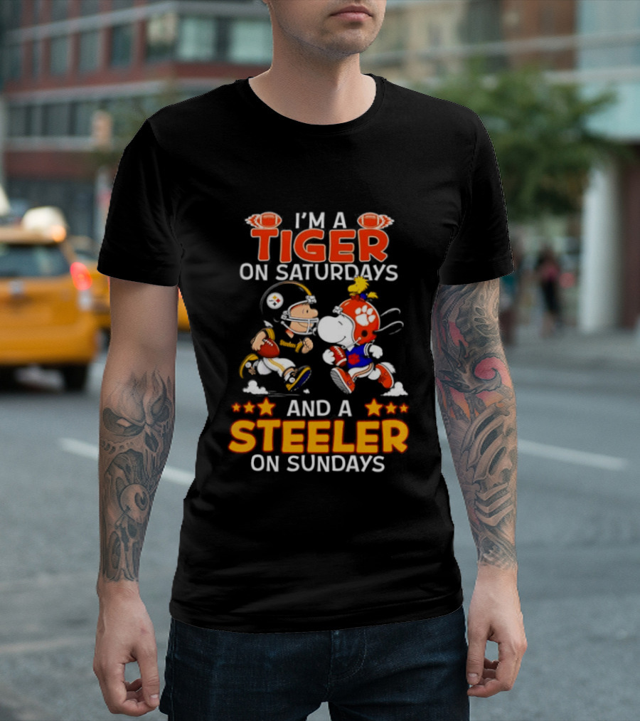 I'm A Tiger On Saturdays And A Steeler On Sundays Charlie Brown Snoopy Football T-Shirt