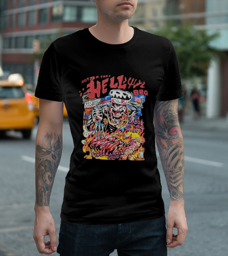 Hotter Than Hell BBQ Kiss The Cook Dibs On The Ribs Finger Lickin Good T-Shirt