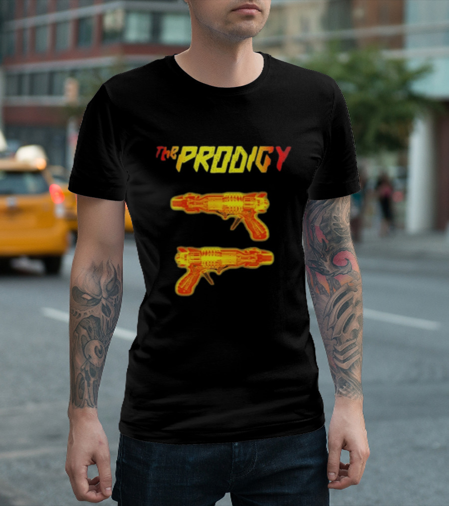 The Prodigy Rayguns Yellow And Red Bold Lettering With Dual Ray Guns T-Shirt