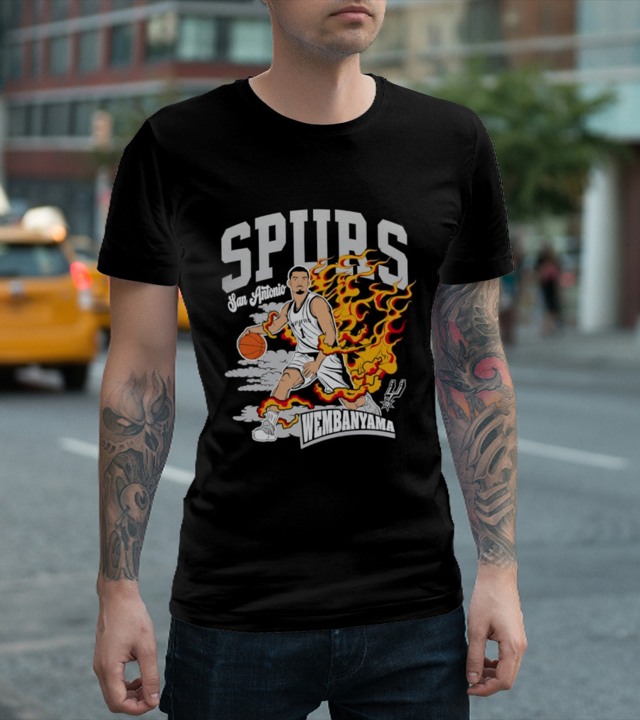 Victor Wembanyama San Antonio Spurs No 1 Basketball Flames Caricature T-Shirt