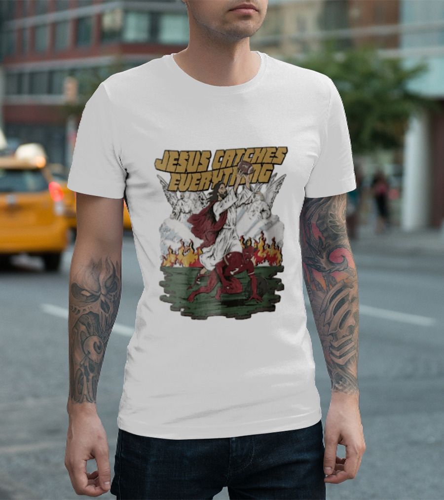 Jesus Catches Everything Angel Vs Devil Football Battle T-Shirt