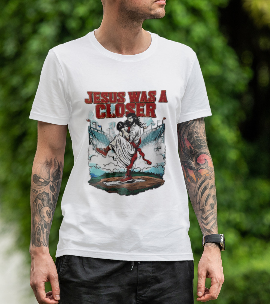 Jesus Was A Closer Baseball Pitcher Heavenly Stadium Scene T-Shirt