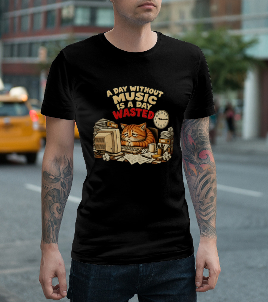 A Day Without Music Is A Day Wasted Sad Orange Cat Office Desk Motivation T-Shirt