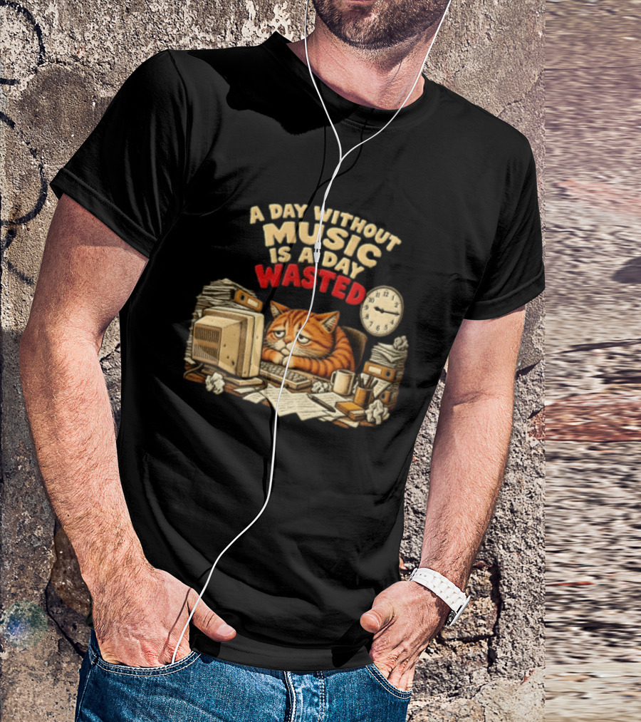 A Day Without Music Is A Day Wasted Sad Orange Cat Office Desk Motivation T-Shirt