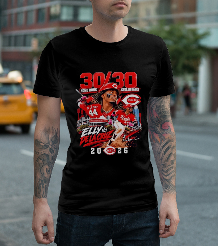30 30 Home Runs Stolen Bases Elly De La Cruz Cincinnati Reds 44 Great American Ball Park 2026 T-Shirt