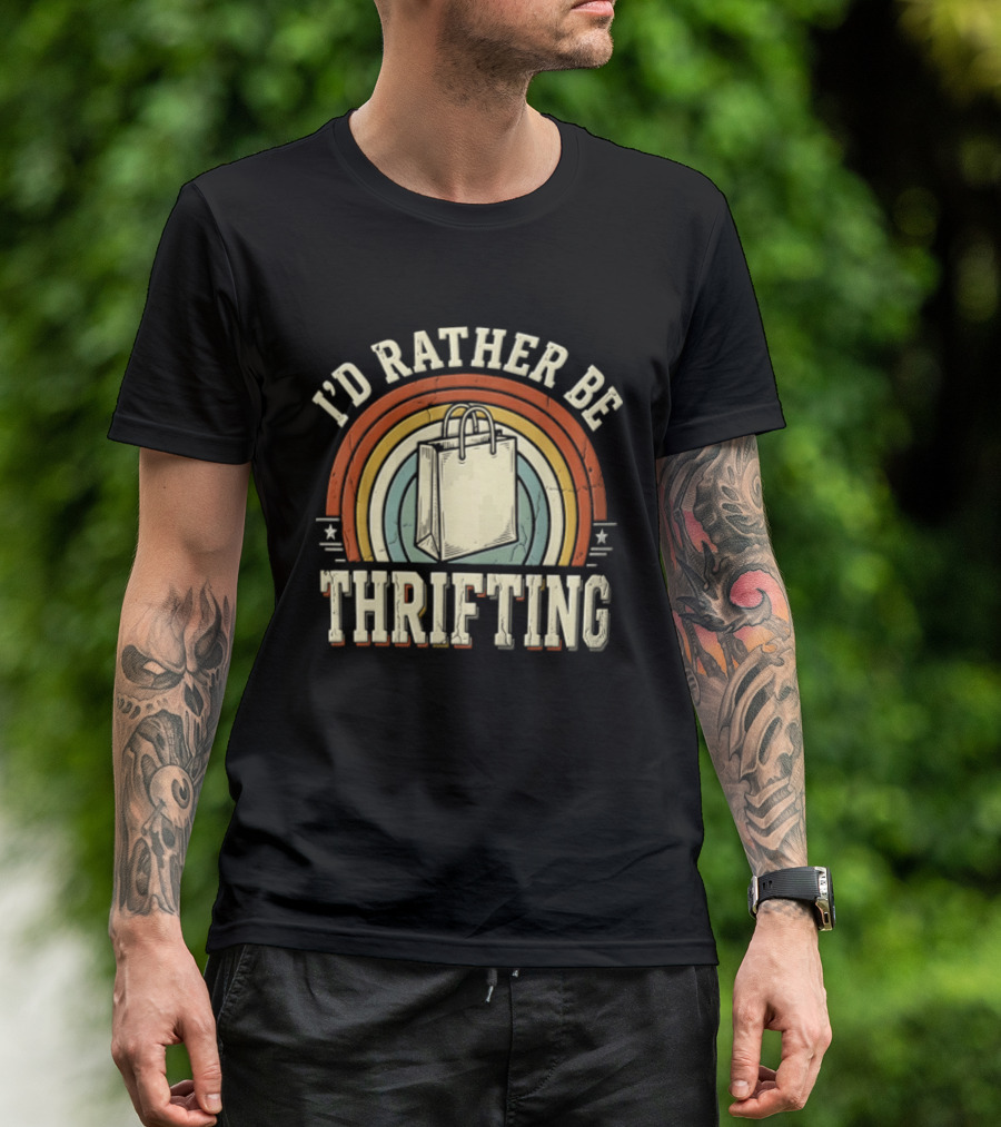 I'd Rather Be Thrifting Shopping Bag Retro Rainbow Stars T-Shirt