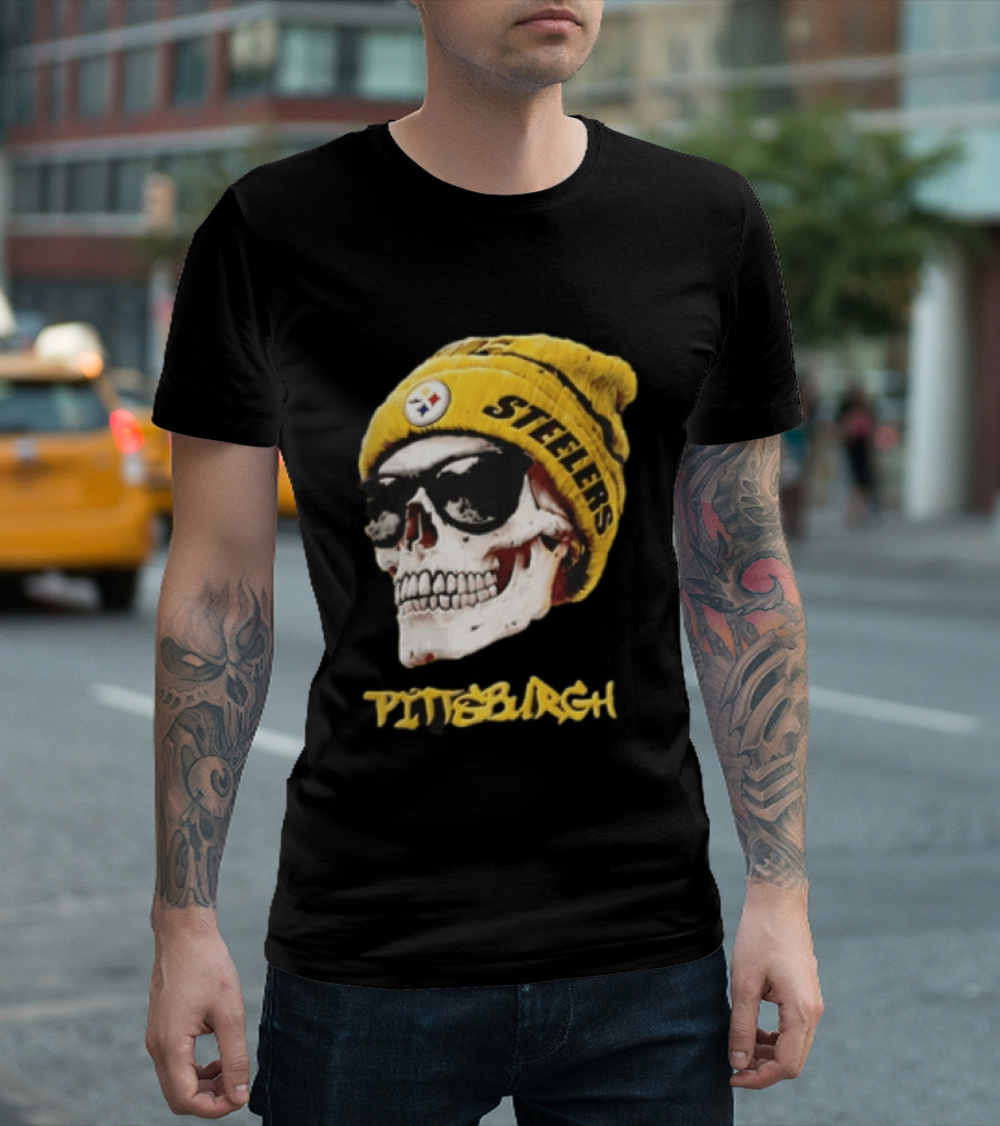 Pittsburgh Steelers Skull Yellow Beanie Sunglasses T-Shirt