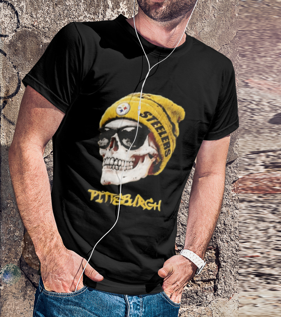 Pittsburgh Steelers Skull Yellow Beanie Sunglasses T-Shirt
