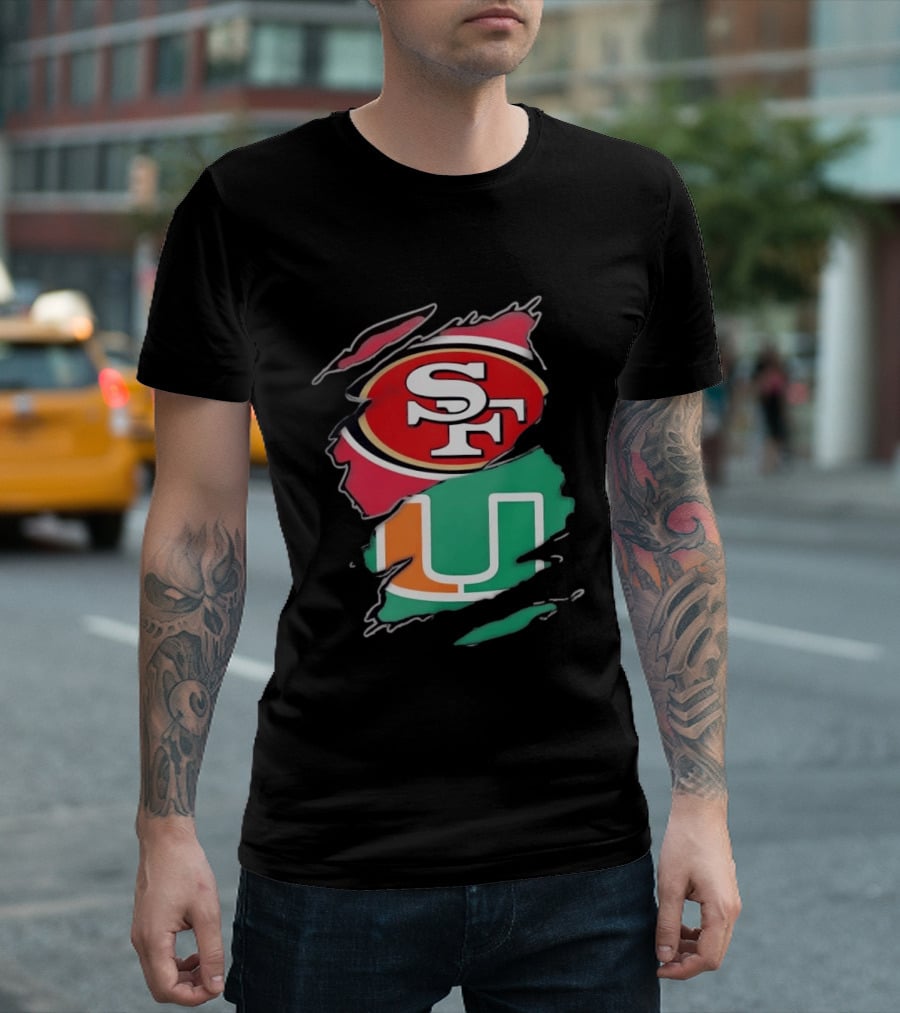 San Francisco 49ers SF And Miami Hurricanes U Distressed Logos T-Shirt