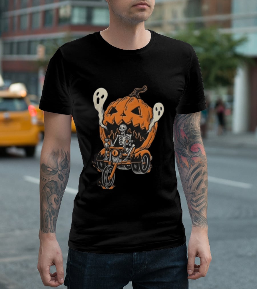 Skeleton Riding Tricycle Inside Giant Pumpkin With Ghosts Halloween T-Shirt