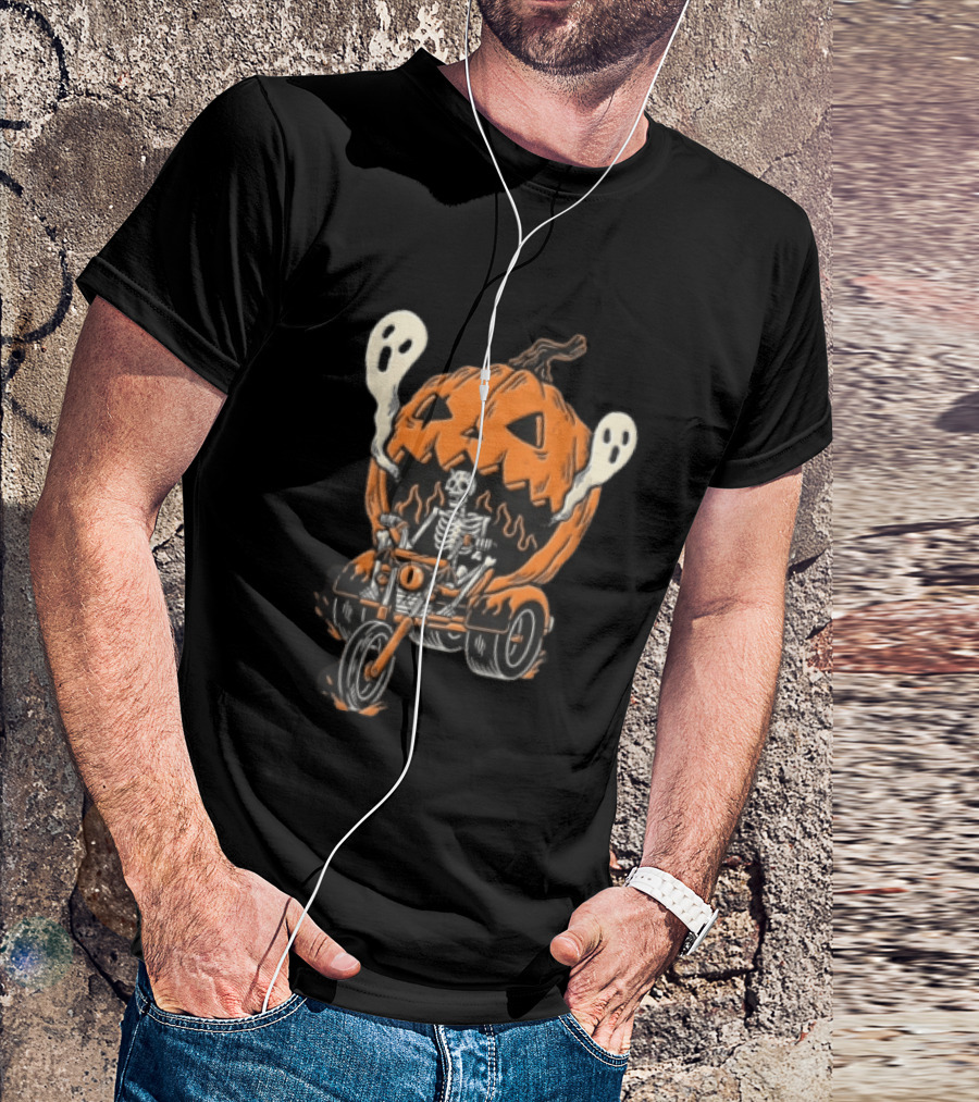 Skeleton Riding Tricycle Inside Giant Pumpkin With Ghosts Halloween T-Shirt