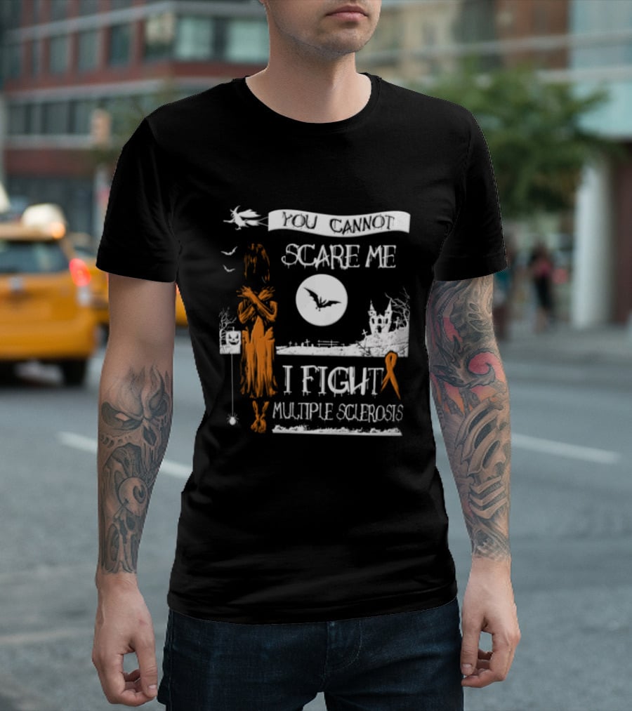 You Cannot Scare Me I Fight Multiple Sclerosis Halloween Witch Bats Moon Cemetery Ribbon T-Shirt