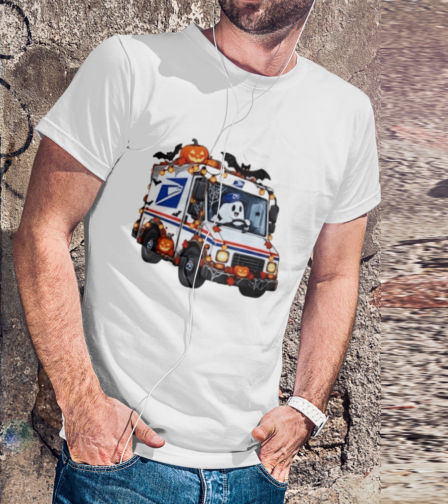 Halloween Ghost Driving USPS Mail Truck With Pumpkins And Bats T-Shirt