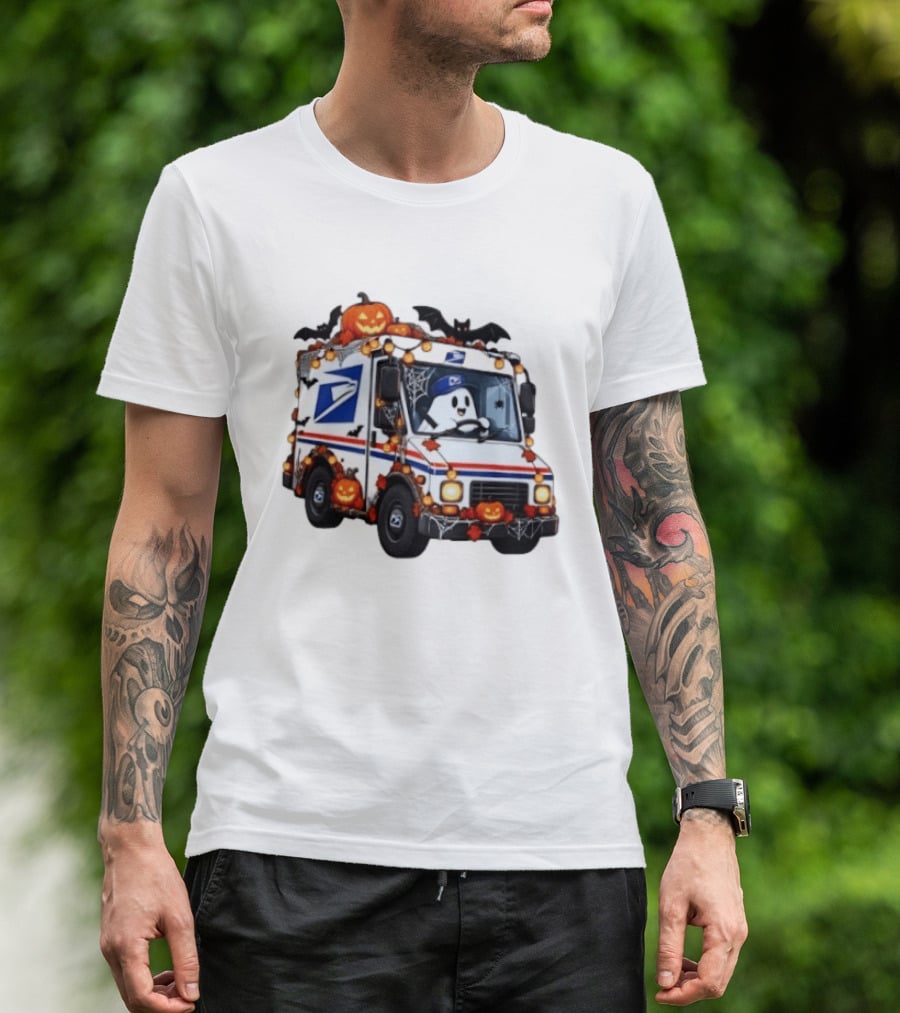 Halloween Ghost Driving USPS Mail Truck With Pumpkins And Bats T-Shirt