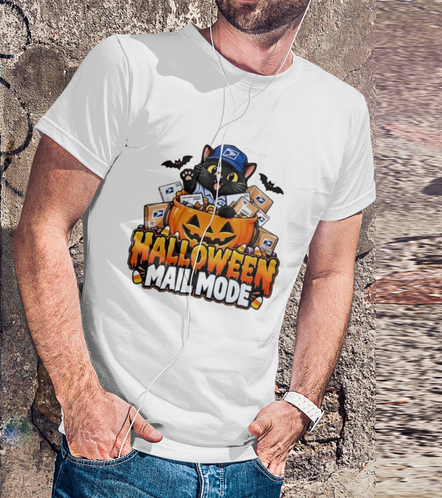 Halloween Mail Mode USPS Black Cat Pumpkin Postal Carrier T-Shirt