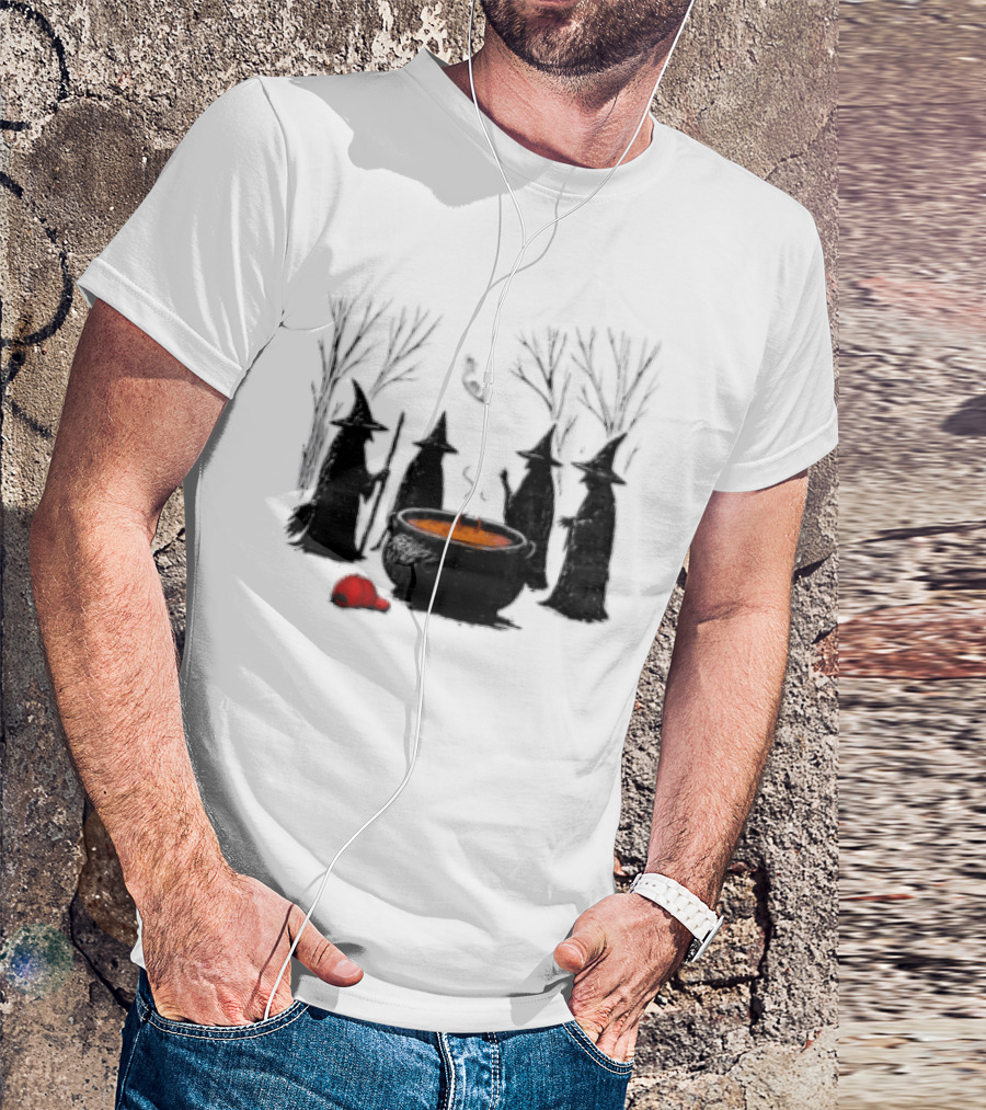 Witches Gathering Around Cauldron And Red Hat Halloween Scene T-Shirt