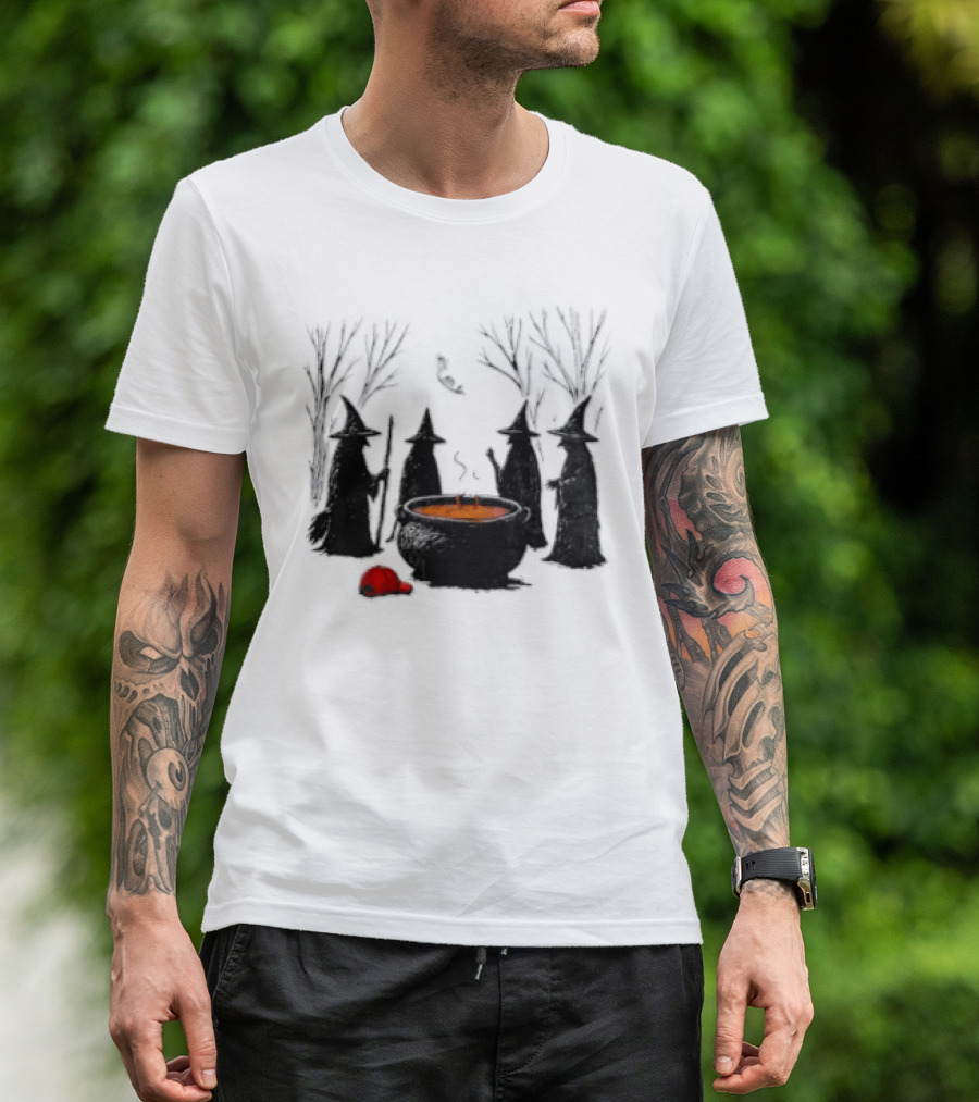 Witches Gathering Around Cauldron And Red Hat Halloween Scene T-Shirt