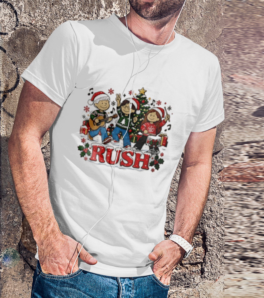 Rush Christmas Cartoon Characters Playing Instruments Festive Holiday Scene T-Shirt