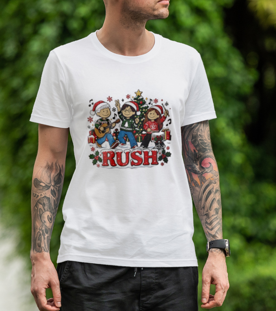 Rush Christmas Cartoon Characters Playing Instruments Festive Holiday Scene T-Shirt