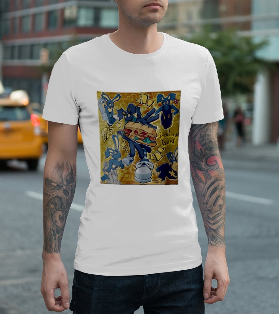 Shadow Bun Blue Rabbit Characters With Sandwich And Stevobeni T-Shirt