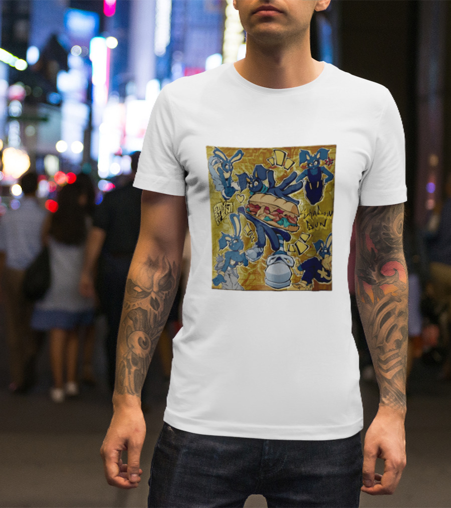 Shadow Bun Blue Rabbit Characters With Sandwich And Stevobeni T-Shirt