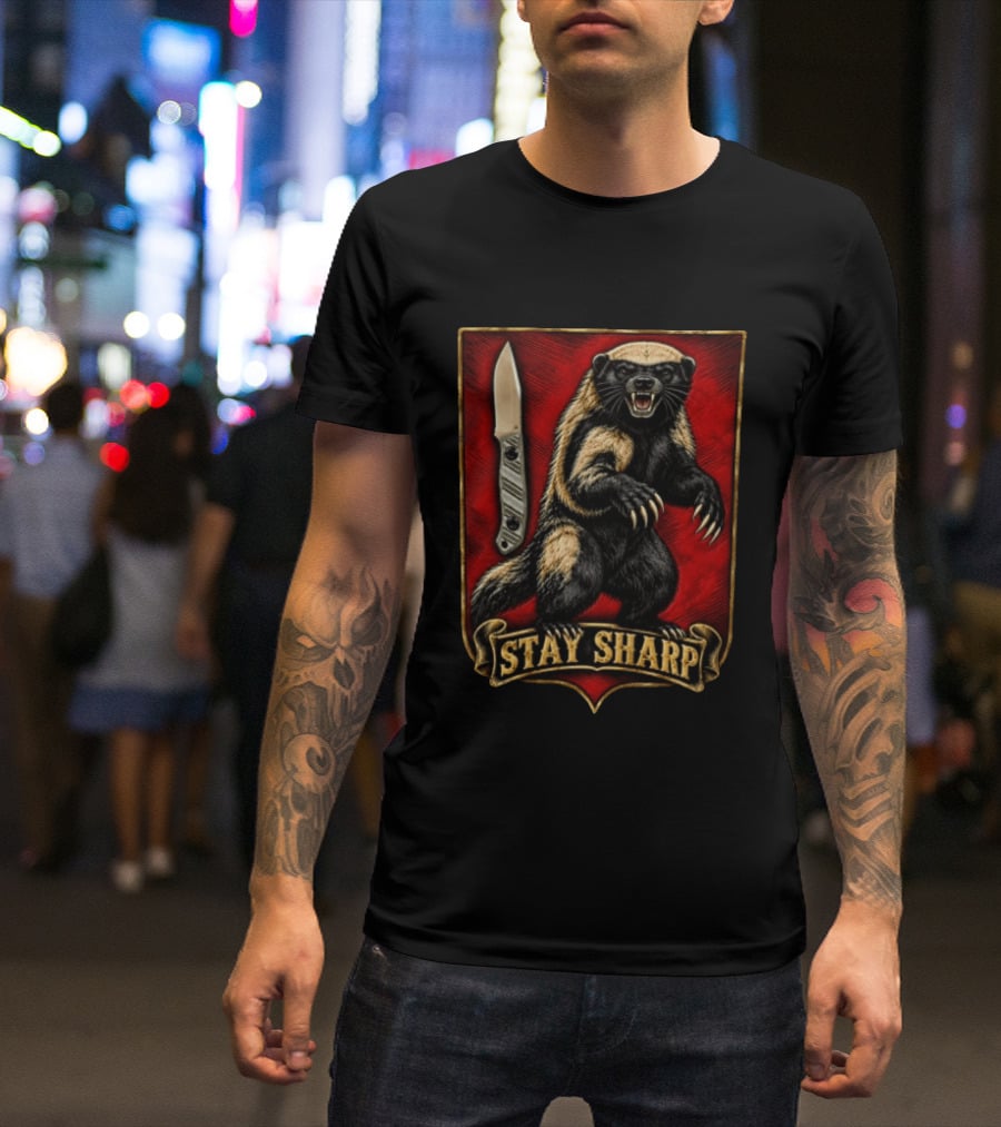 Stay Sharp Wolverine Knife Red Shield T-Shirt