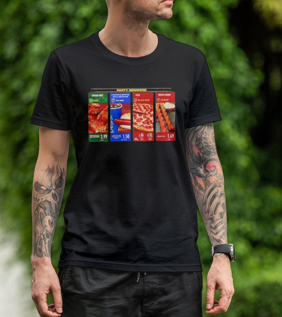 Party Members Menu Chicken Bake Sage Paladin Beverage Hot Dog Black Mage Pepperoni Pizza Dancer Twisted Churro T-Shirt