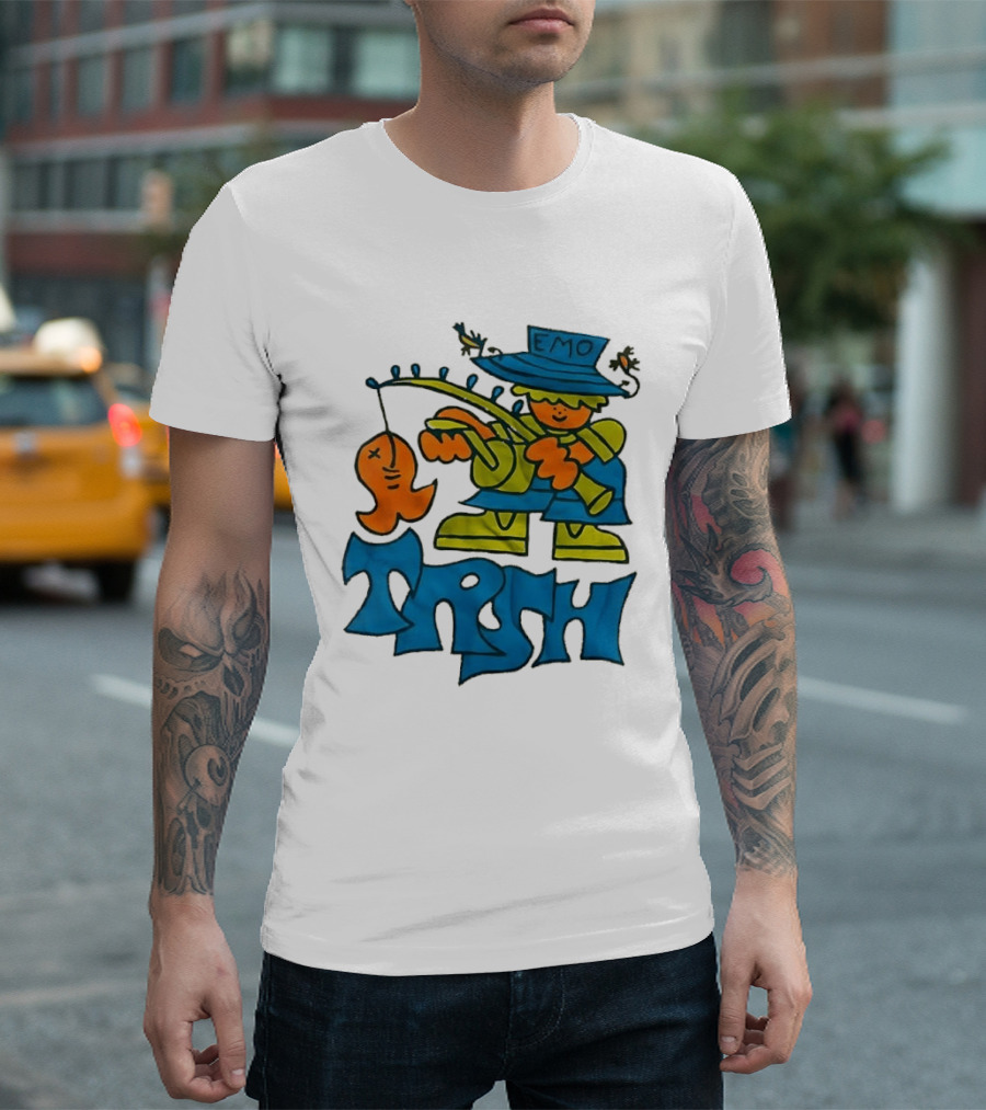 Emo Trsh Cartoon Fisherman Catching Orange Fish Wearing Blue And Green Outfit T-Shirt
