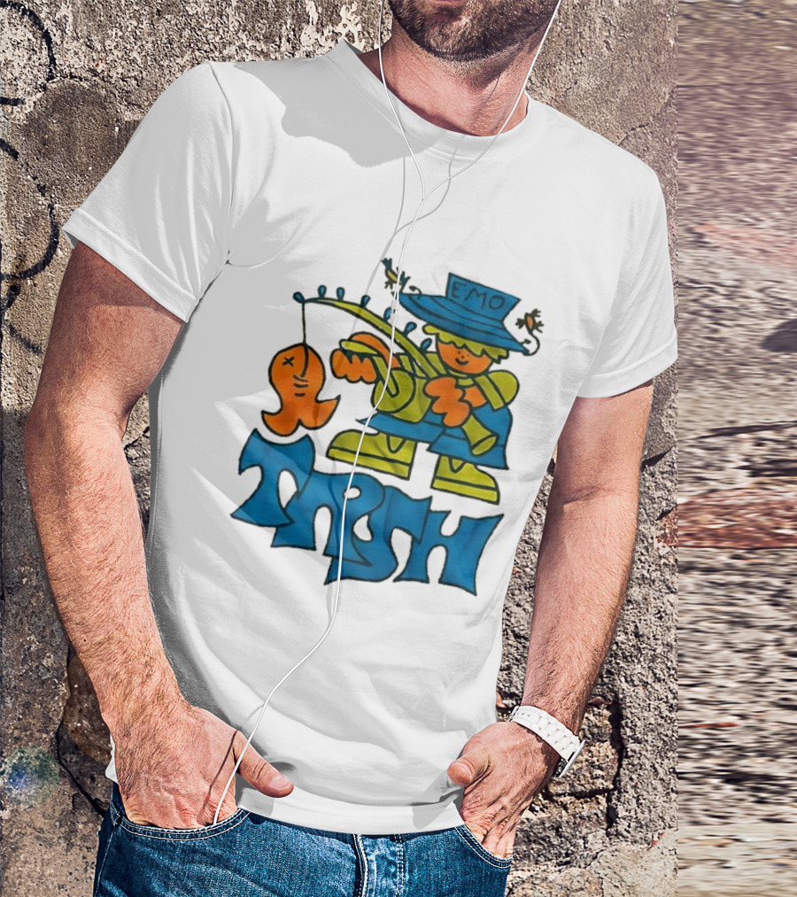 Emo Trsh Cartoon Fisherman Catching Orange Fish Wearing Blue And Green Outfit T-Shirt