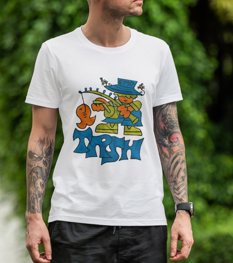Emo Trsh Cartoon Fisherman Catching Orange Fish Wearing Blue And Green Outfit T-Shirt