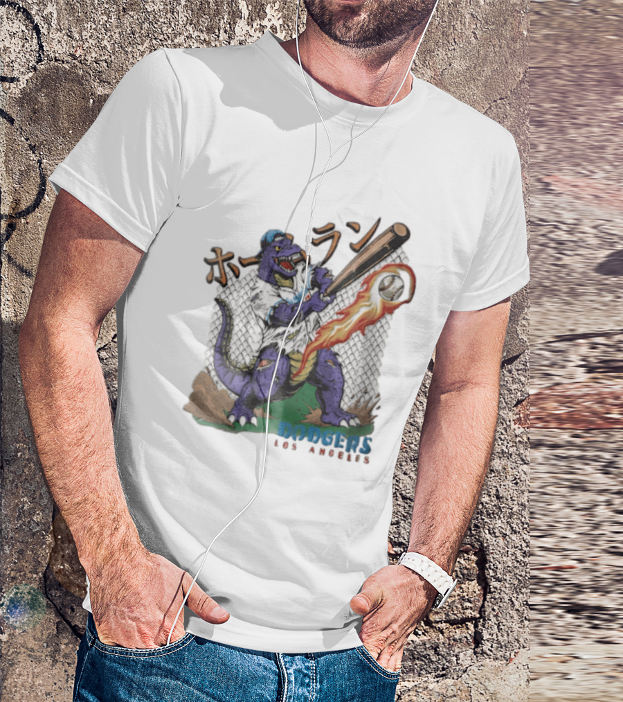 Dodgers Los Angeles Purple Dinosaur Baseball Player Batting With Flaming Ball T-Shirt
