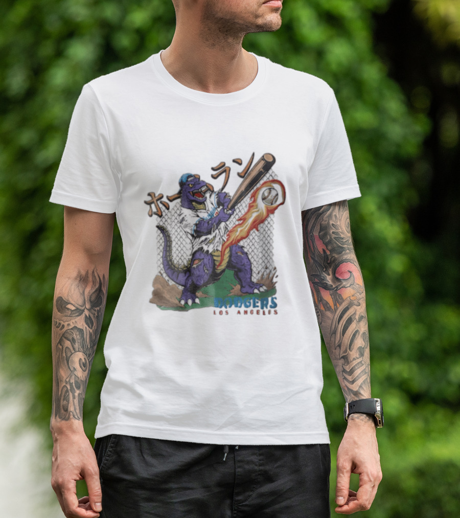 Dodgers Los Angeles Purple Dinosaur Baseball Player Batting With Flaming Ball T-Shirt