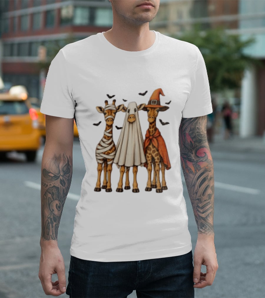 Giraffe Costume Halloween Mummy Ghost Witch Trio T-Shirt