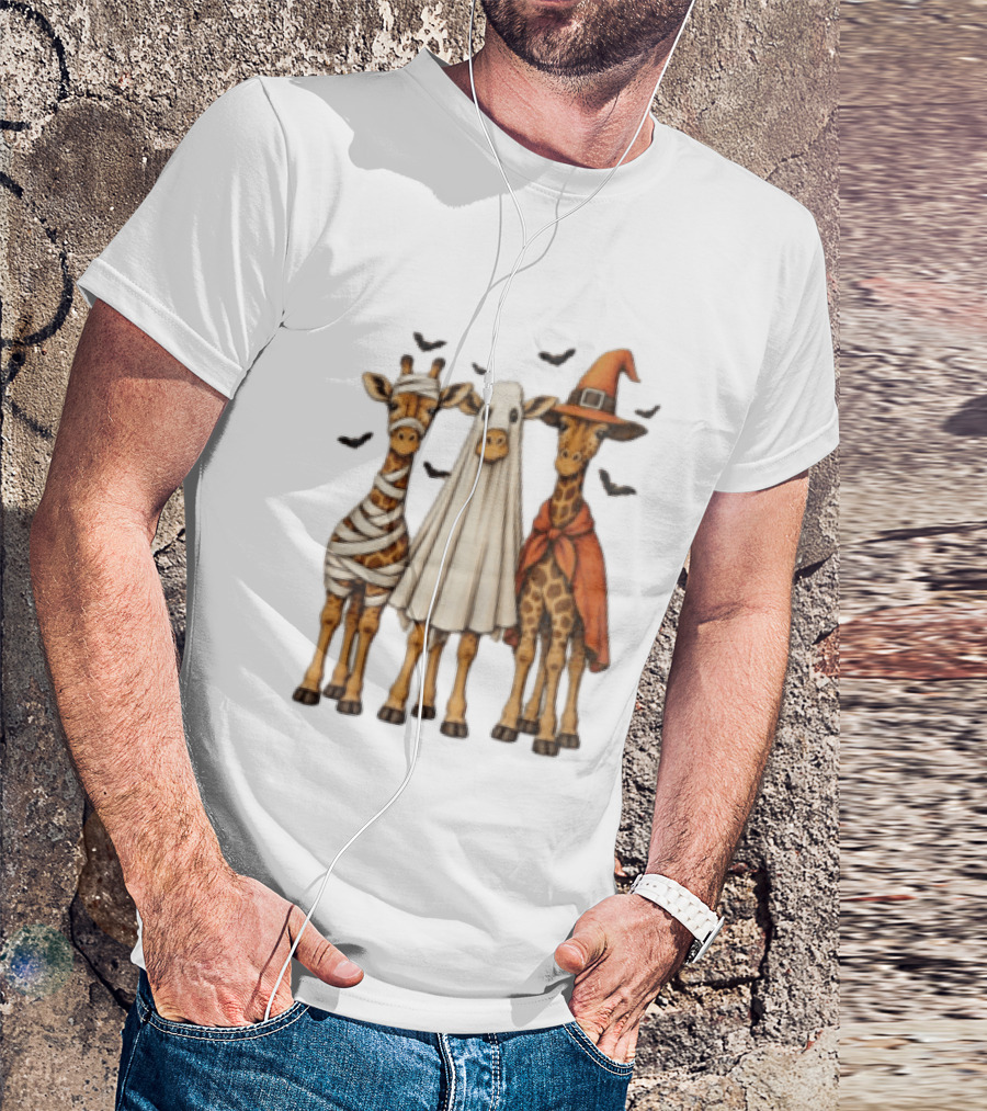 Giraffe Costume Halloween Mummy Ghost Witch Trio T-Shirt